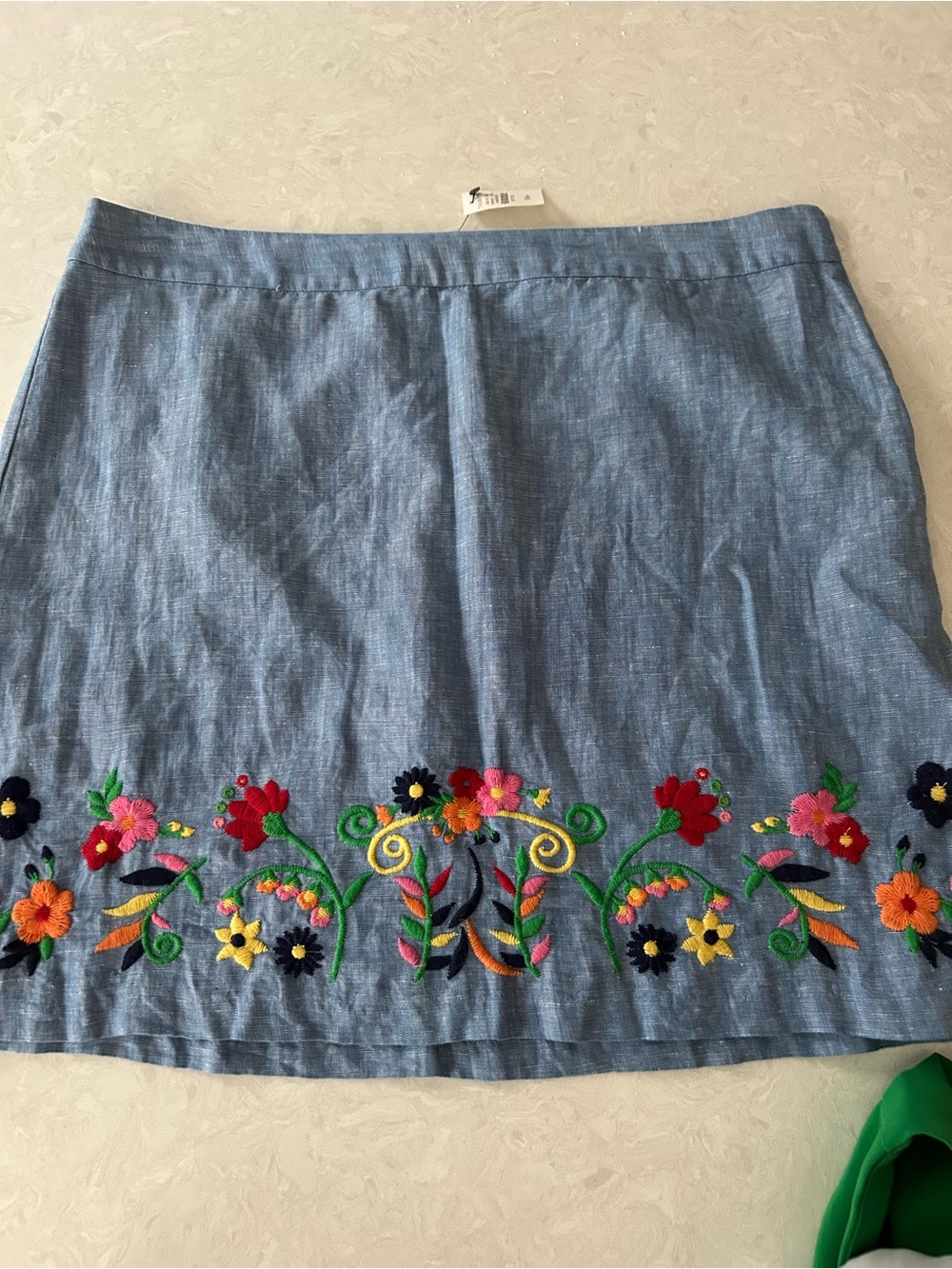 Talbots Chambray Midi Skirt with Multicolor Floral Embroidery